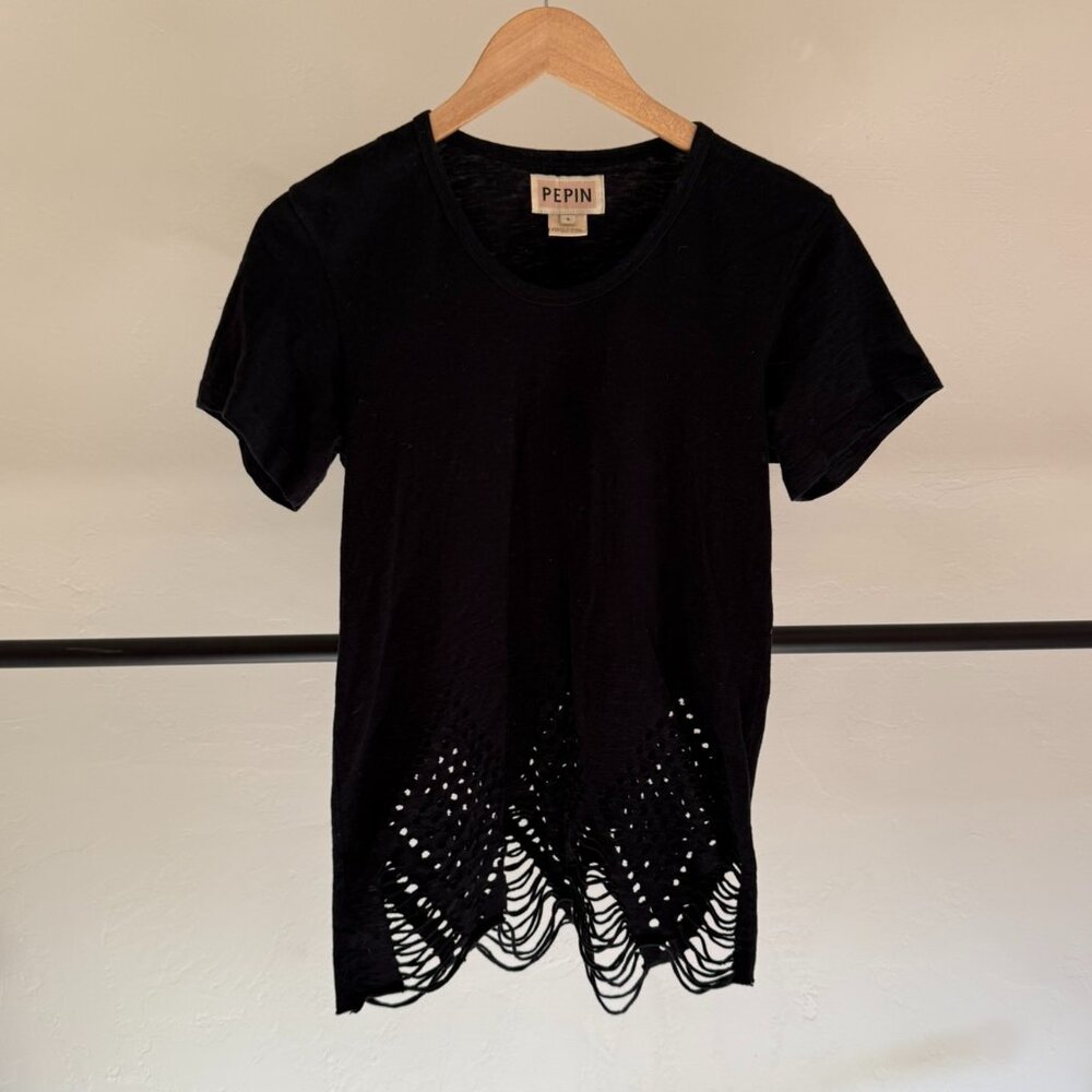 Anthropologie Pepin Cotton Cutout Hem Black T-Shirt S